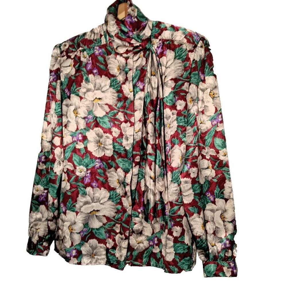 Gianna Blouse Womens Size 8 Maroon Floral Satin Vintage 1980s Long Slv Tie Neck
